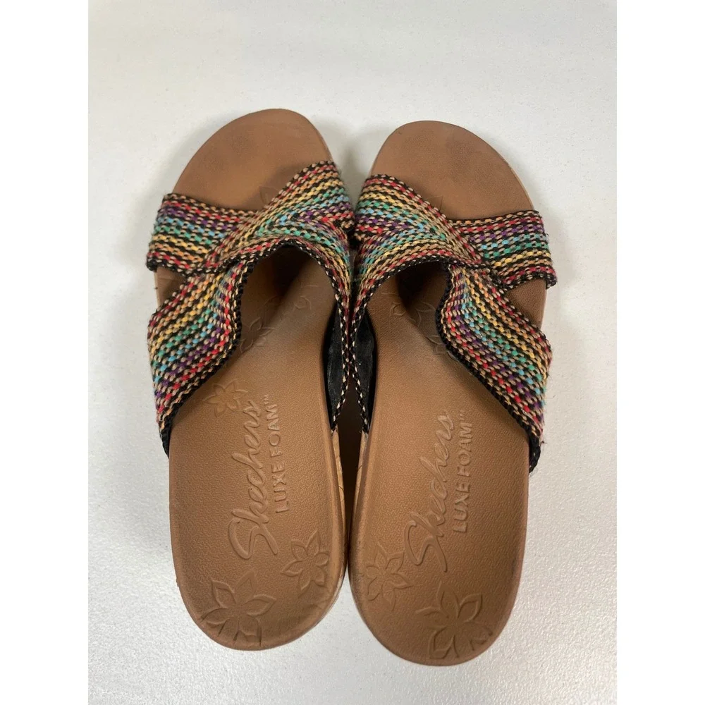 Skechers Wedge Sandals Women's Size 8 Multi Color Woven Luxe Foam Cork Heel Boho